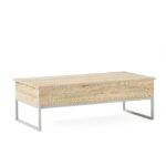 Modern wooden coffee table with metal legs on a white background.