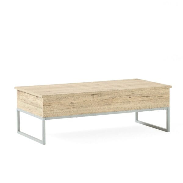 Modern wooden coffee table with metal legs on a white background.