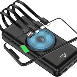 A portable power bank with multiple charging cables and wireless charging pad on top.