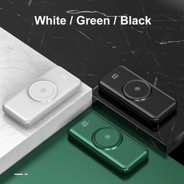 Wireless chargers in white, green, and black colors displayed on matching surfaces.