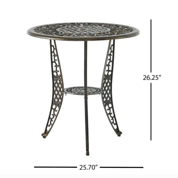 An outdoor table with an ornate design.