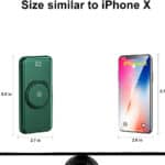 Comparative size chart showing a green device next to an iphone x highlighting their similar dimensions.