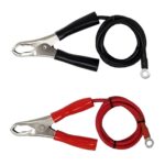 Two jumper cables with insulated handles; one with black handles and a black cable, the other with red handles and a red cable, isolated on white background.