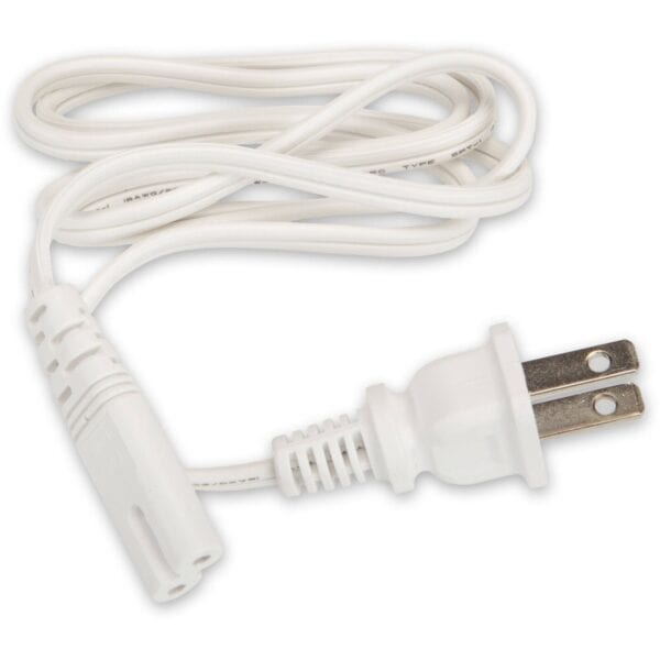 White two-pronged electrical plug with attached cord coiled on a plain background.