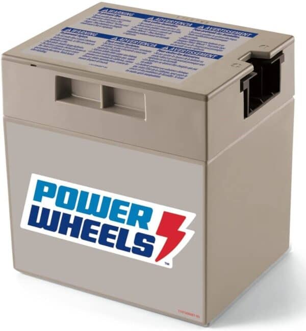 A power wheels branded rechargeable battery in a cardboard box, featuring a large logo and product information on the lid.