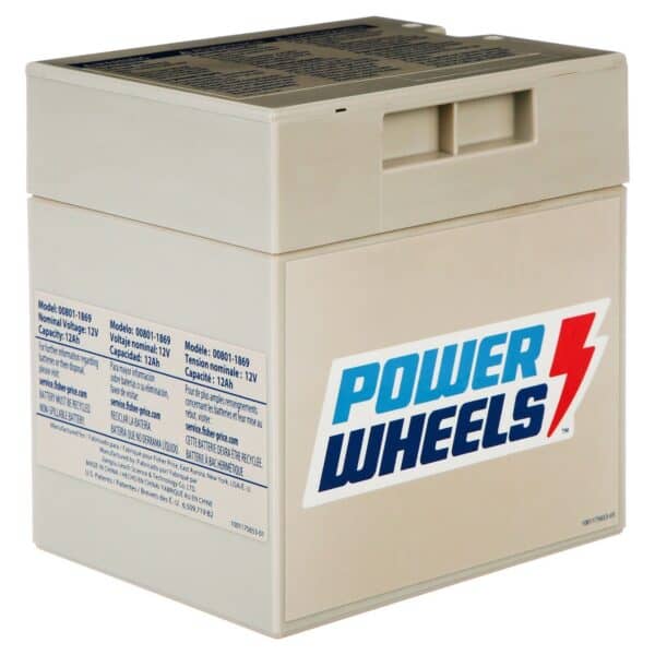 A beige power wheels branded rechargeable battery for children's ride-on toys, with specifications and model details visible.