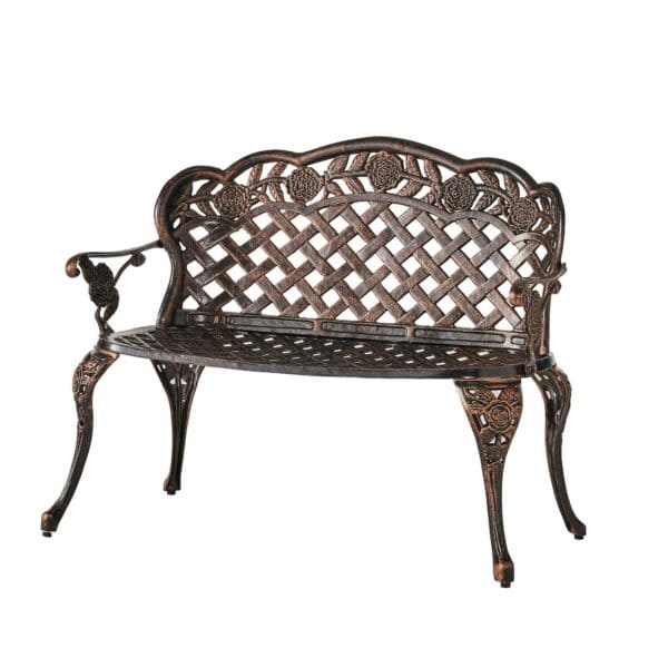 An outdoor bench with an ornate design.