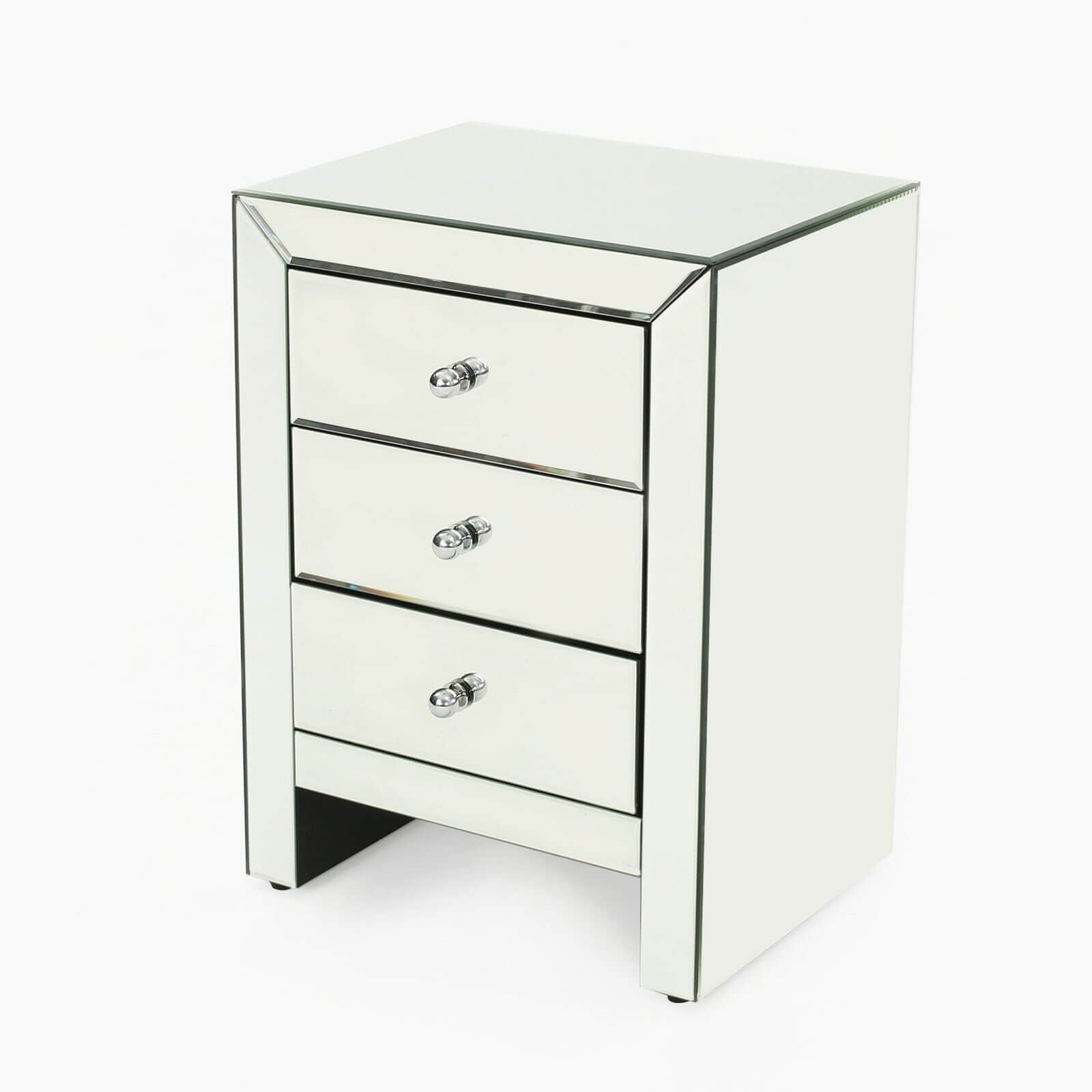 A mirrored nightstand with three drawers.