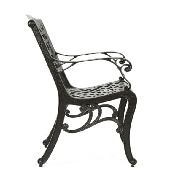 A black wrought iron chair on a white background.
