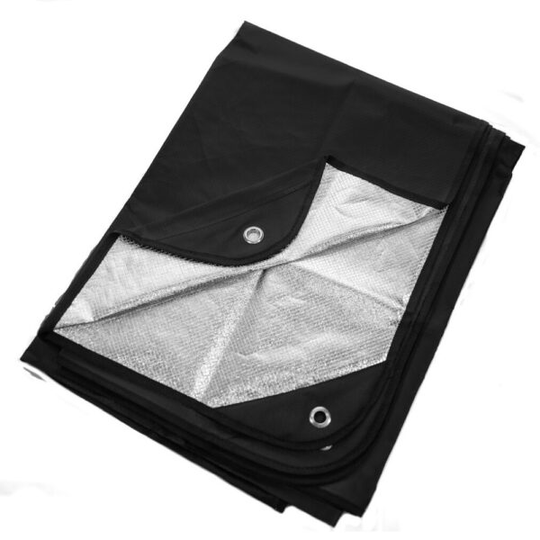 A black tarp with silver inserts.