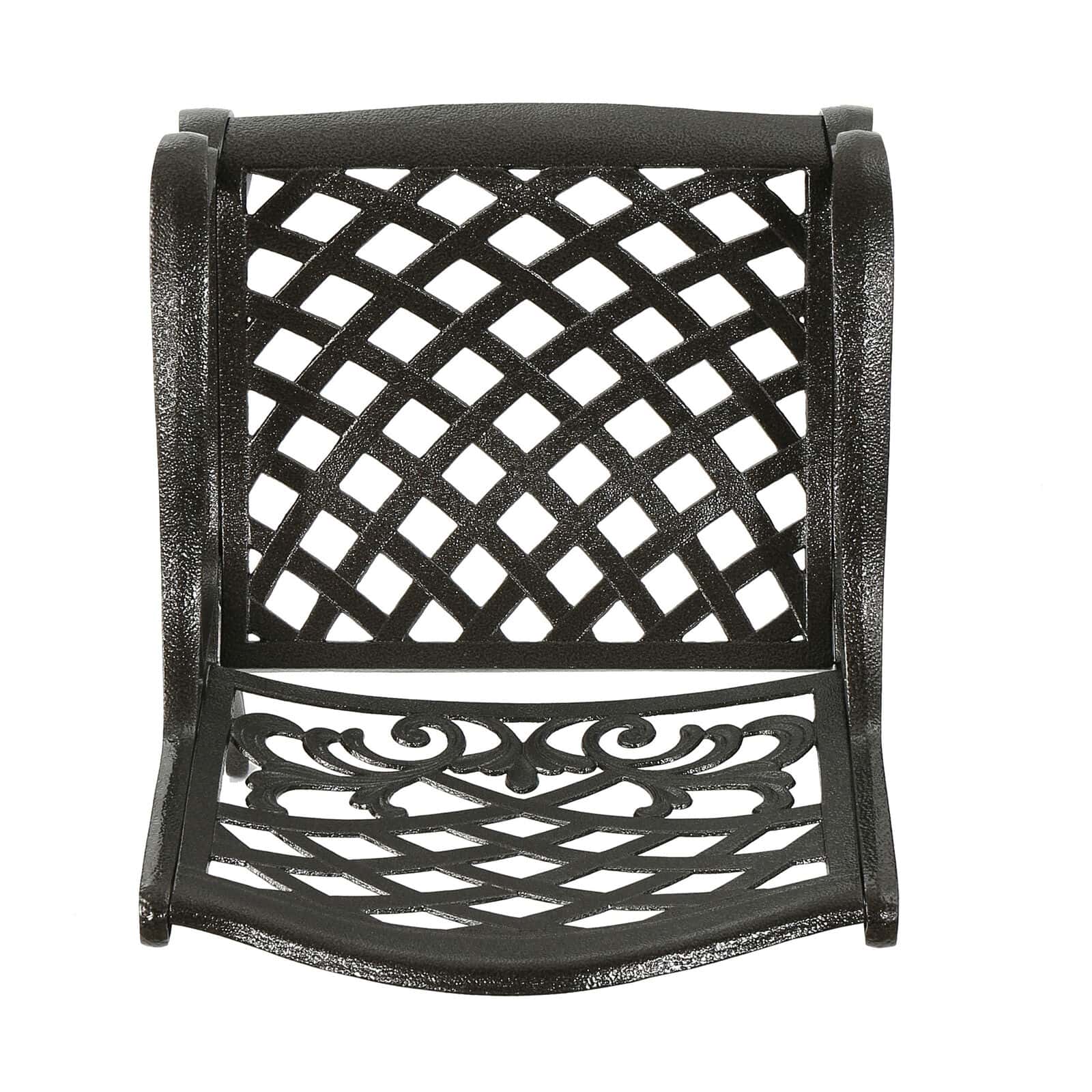 A black cast iron patio chair with a lattice design.