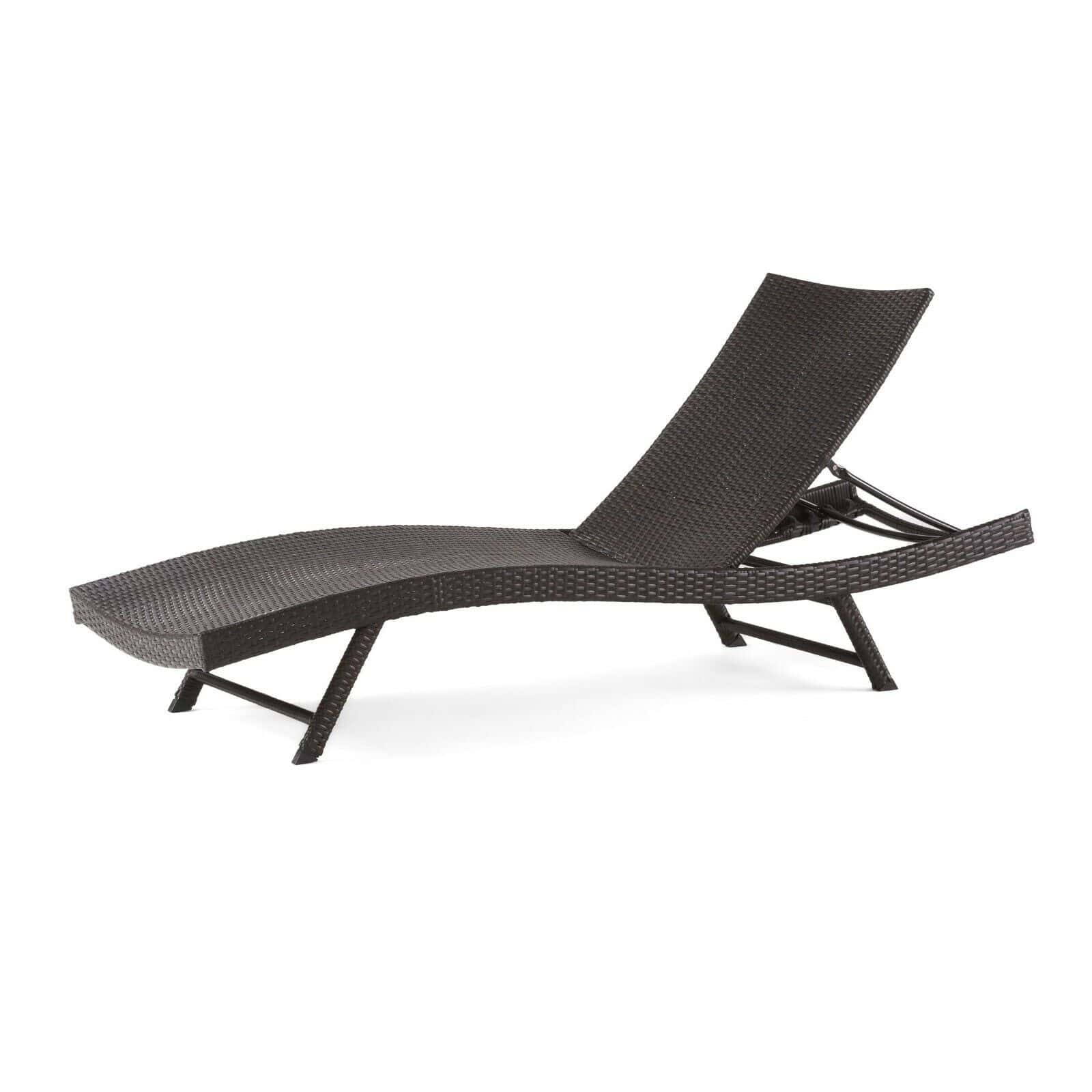 A black rattan chaise lounger on a white background.