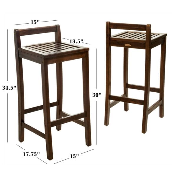 Two wooden bar stools with measurements.