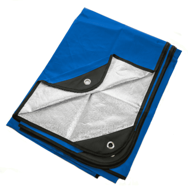 A blue tarp with black and silver details.