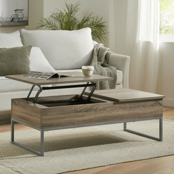A coffee table with a storage compartment on top.