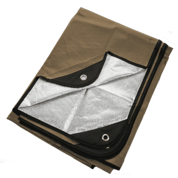 A folded tarp with a silver and black design.