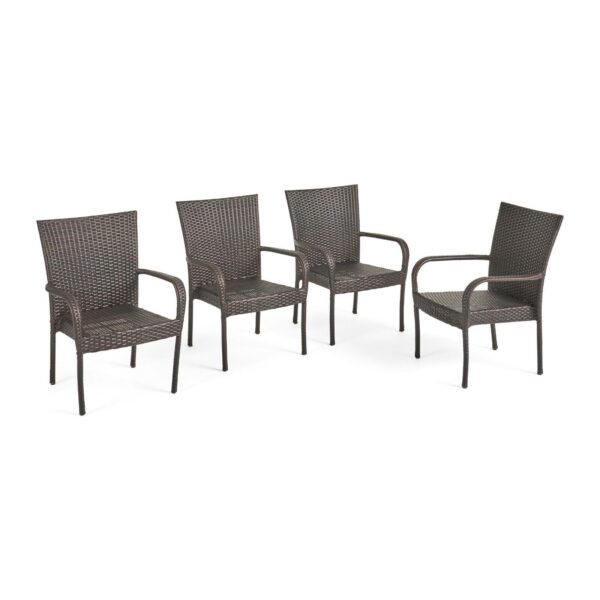 Four brown wicker chairs on a white background.