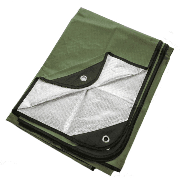 A green tarp with black and silver straps.