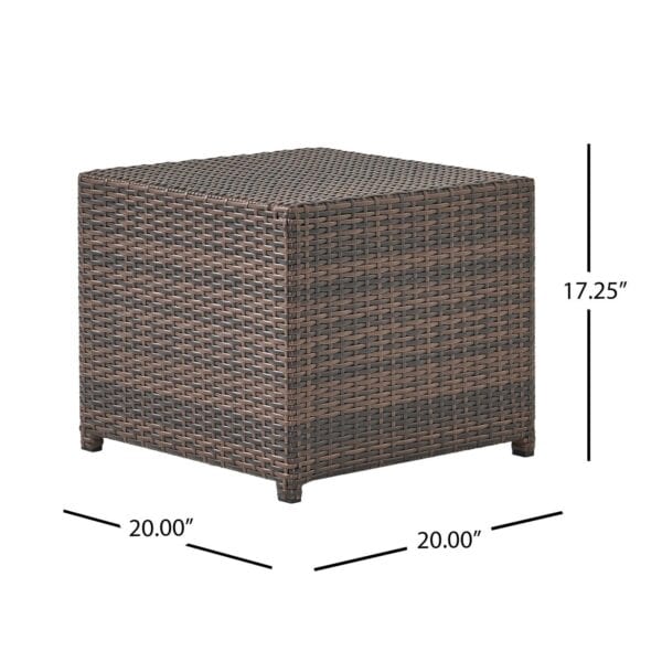 An outdoor wicker side table with measurements.