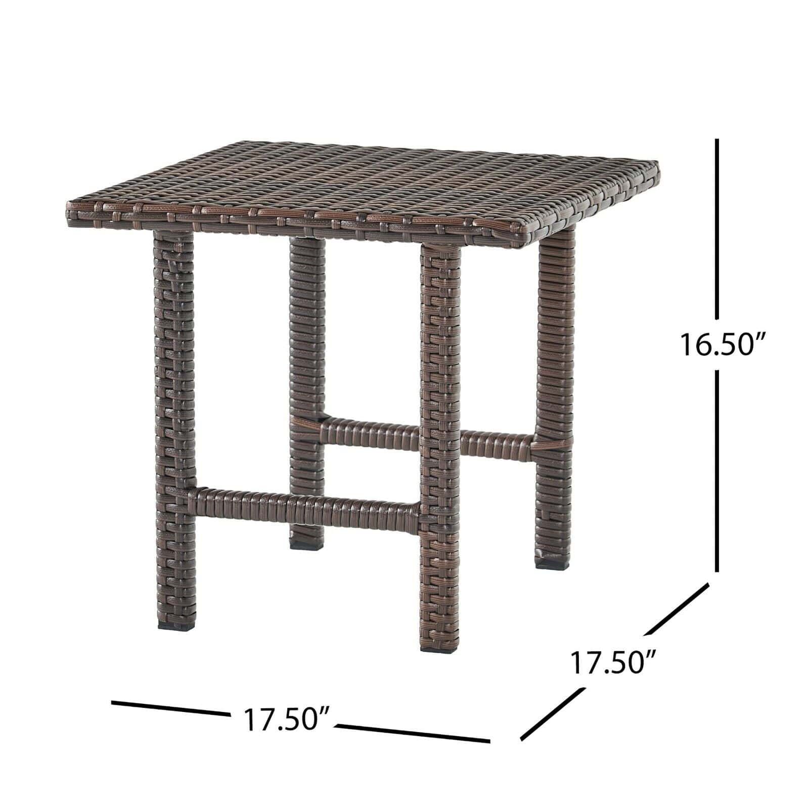 The measurements of an outdoor wicker side table.