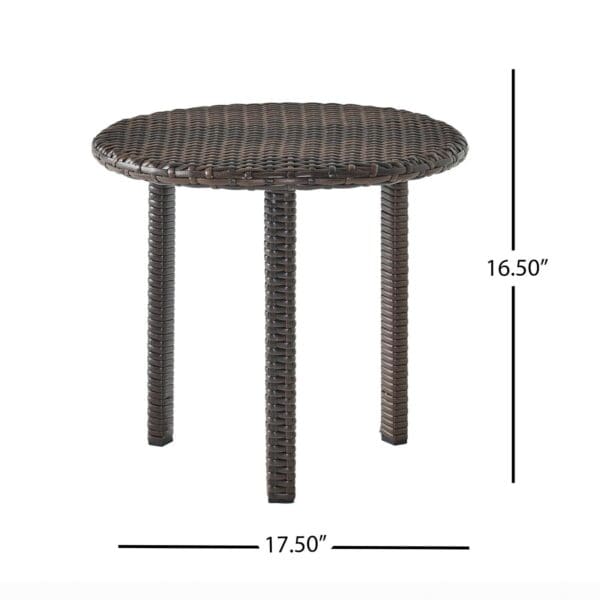 A round wicker table with measurements.