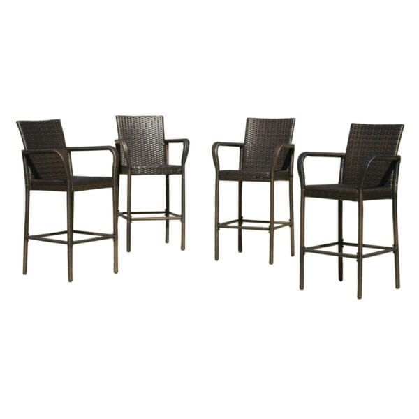 Four outdoor wicker bar stools with arms.
