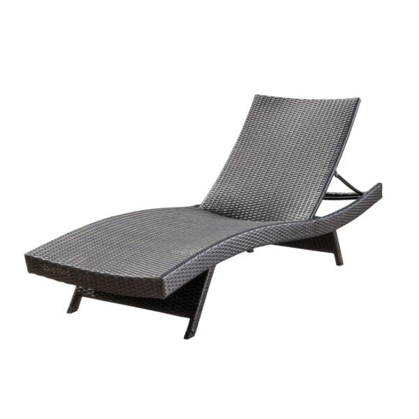 A black wicker chaise lounge on a white background.
