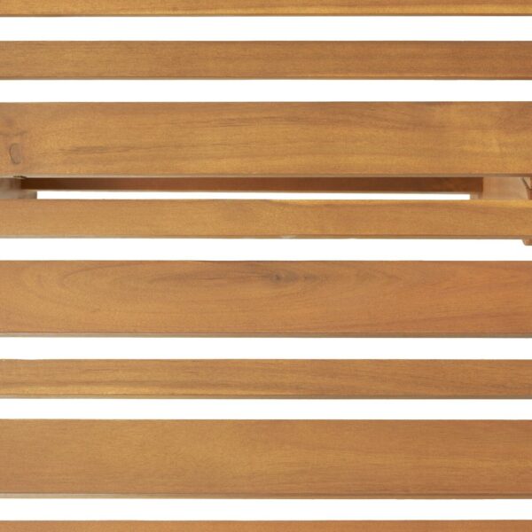 A close up of a wooden slatted shelf.
