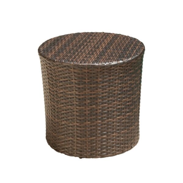 A round wicker side table on a white background.