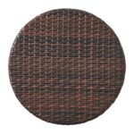 A round brown wicker plate on a white background.