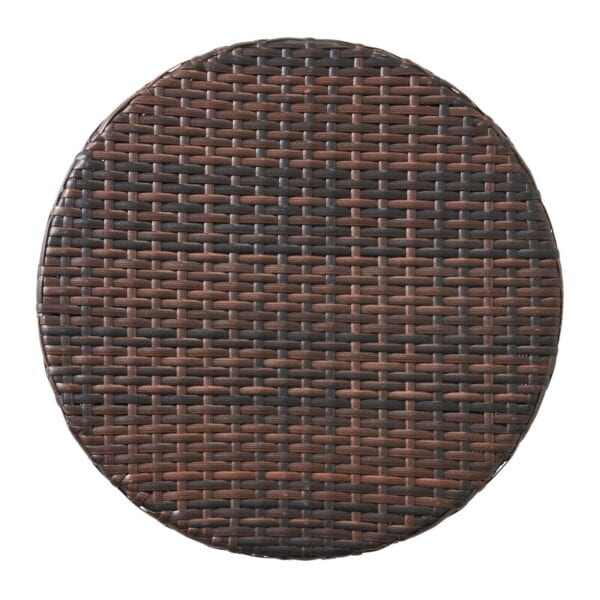 A round brown wicker plate on a white background.
