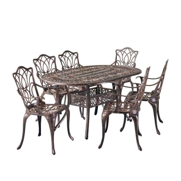 An outdoor dining set with six chairs and a table.