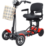 A scooter with a basket on the back.