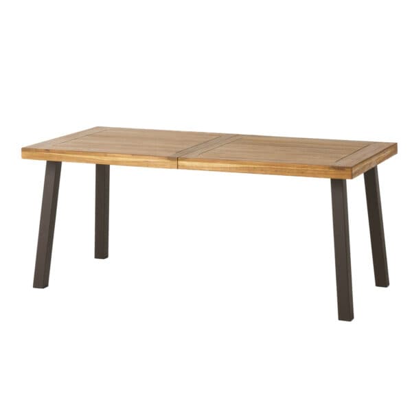 A wooden dining table with black legs.
