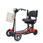 A scooter with a seat and a basket.