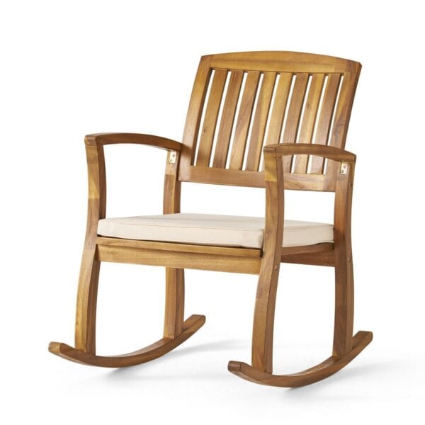 A wooden rocking chair on a white background.