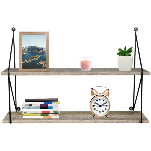 Two wooden shelves with a clock and a plant.