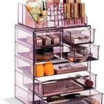 A purple makeup organizer with several drawers.