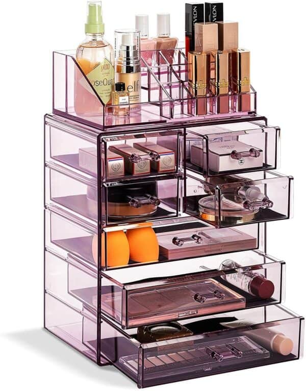 A purple makeup organizer with several drawers.