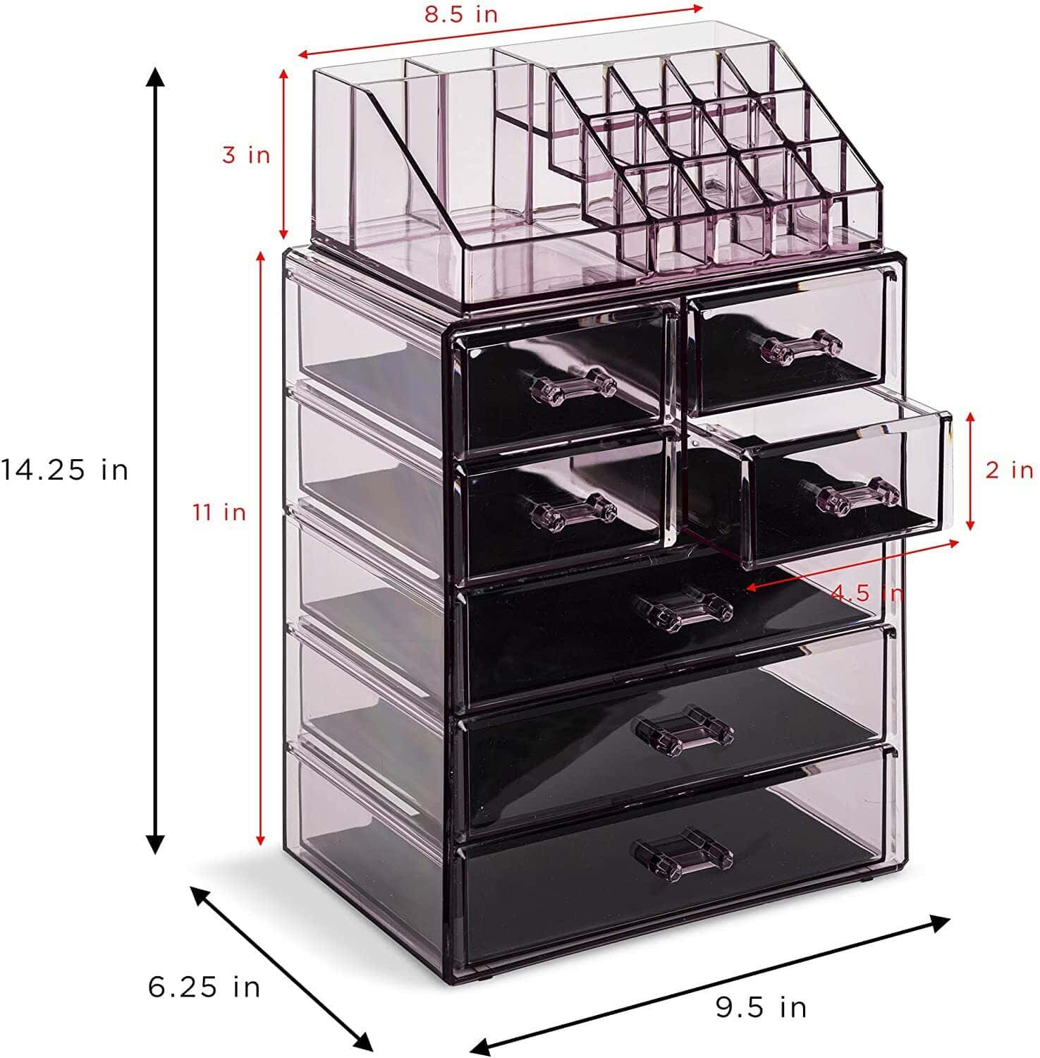 An image of a clear makeup organizer with drawers.