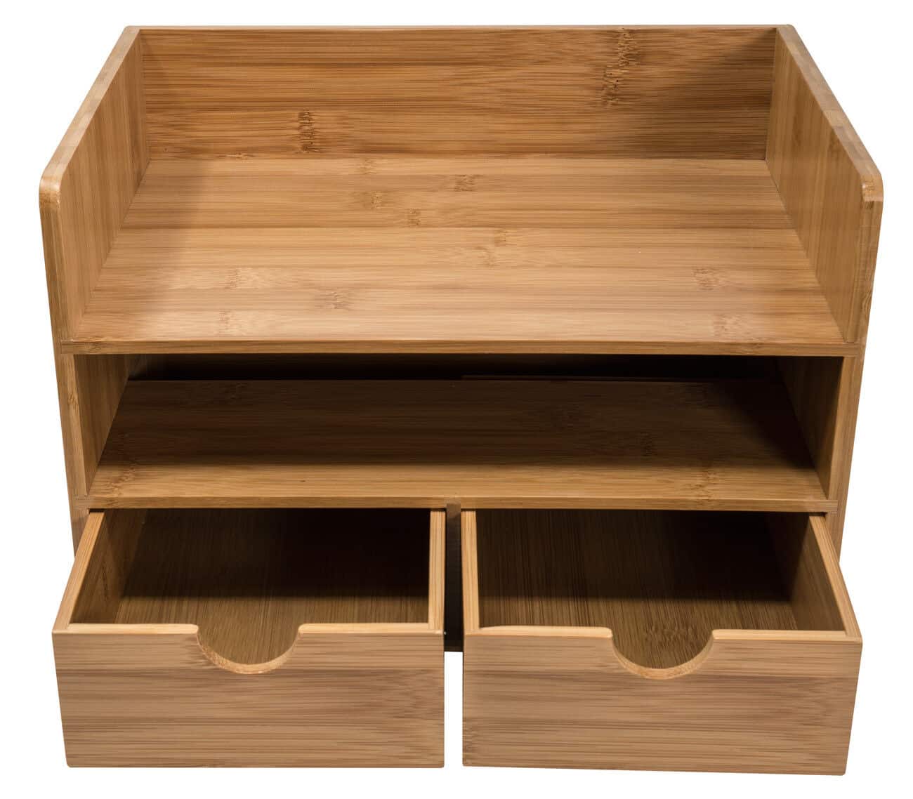 A wooden desk with two drawers and two drawers.