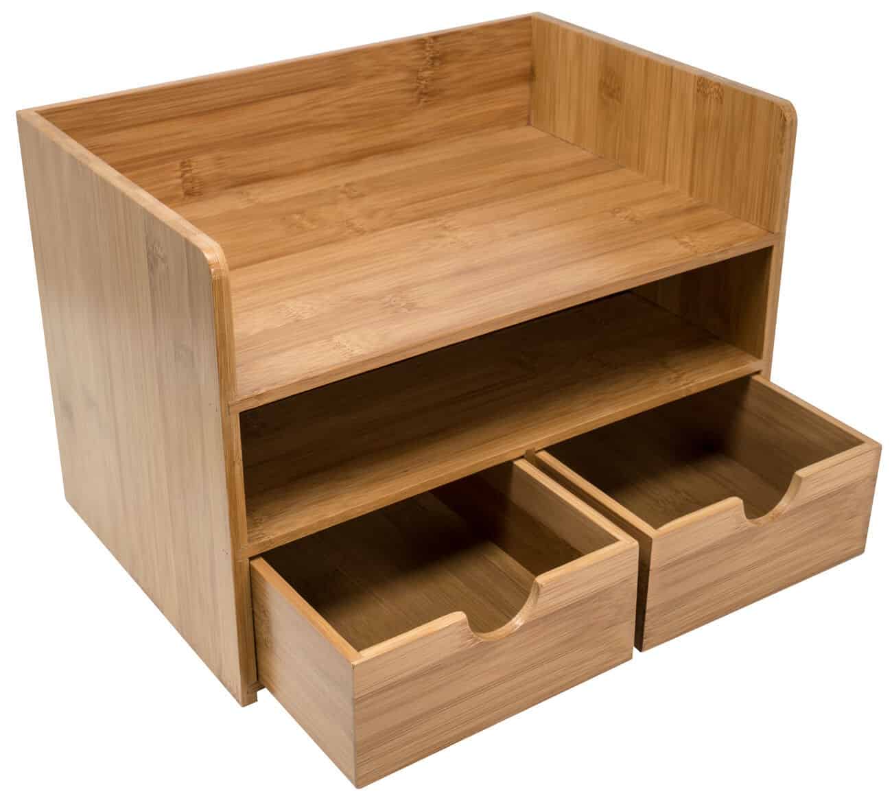 A wooden desk with two drawers.