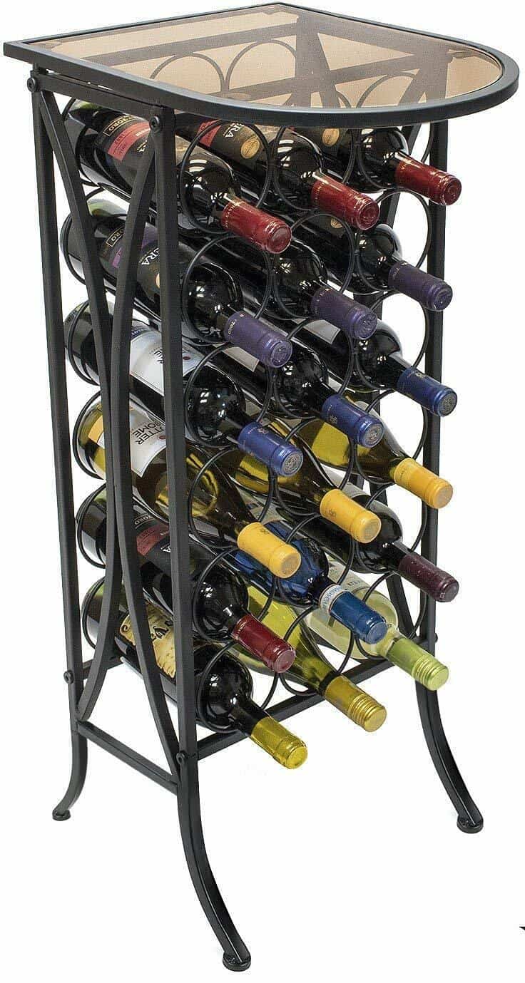 A wine rack with many bottles on it.