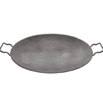 A round iron tray with handles on a white background.