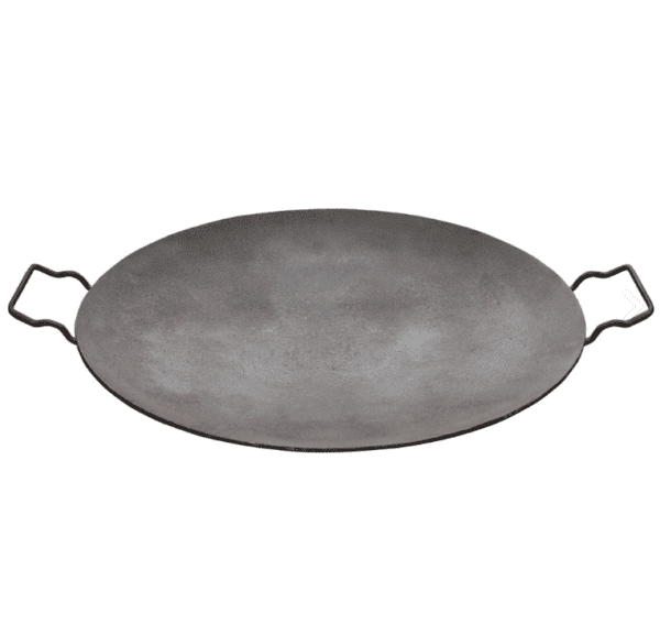 A round iron tray with handles on a white background.