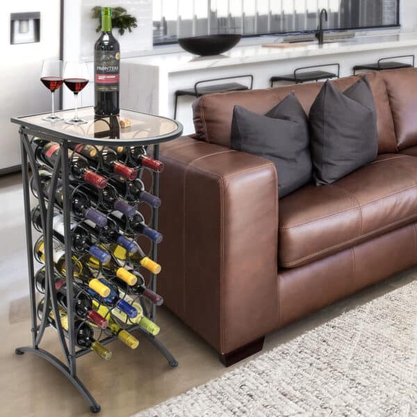 A wine rack with wine bottles on it.