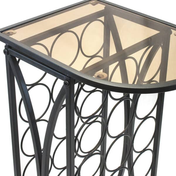 A black metal table with a glass top.
