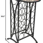 A table with a wine rack and a glass top.