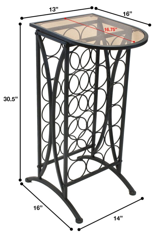A table with a wine rack and a glass top.