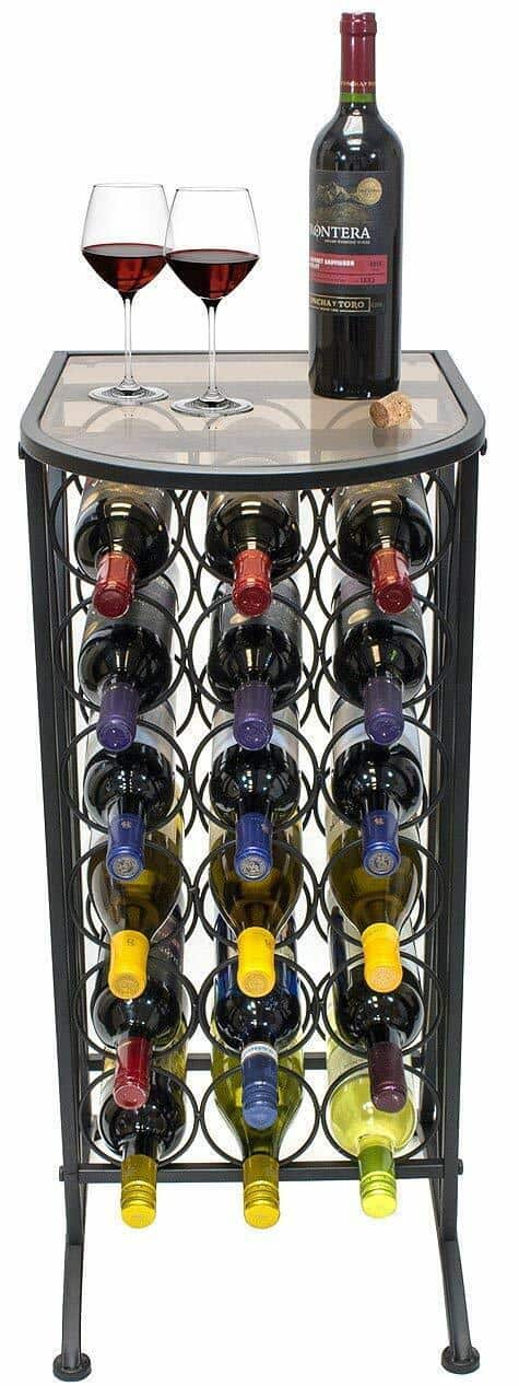 A wine rack with a glass of wine and a bottle of wine.